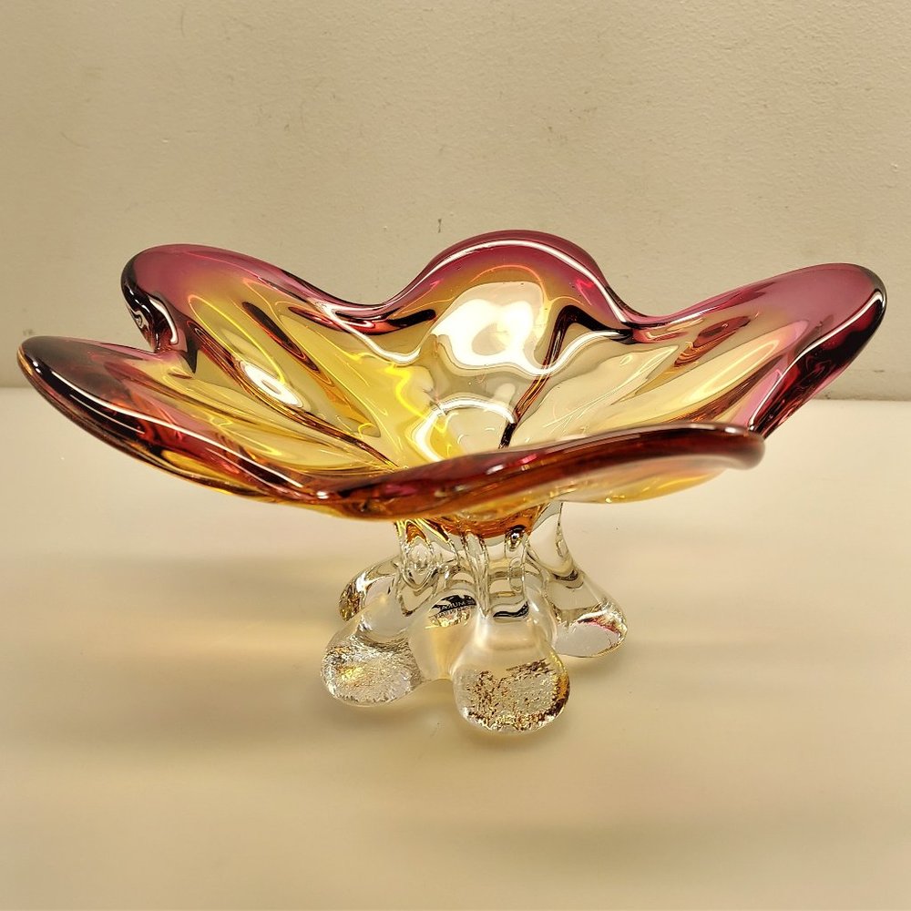 MURANO ITALY ART GLASS ABSTRACT CENTERPIECE PEDESTAL STARFISH BOWL PINK PURPLE